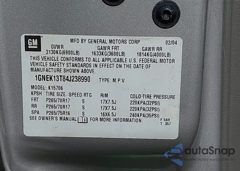 2004 Chevrolet Tahoe Lt из США, поврежденный, VIN 1GNEK13T84J238990